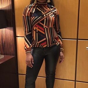 Zara Geometric Striped Mock Neck Top